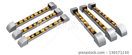 Set of Airport luggage conveyor belt or baggage claim area with suitcases on white. 136571230