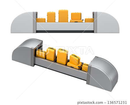 Set of Airport luggage conveyor belt or baggage claim area with suitcases on white. 136571231