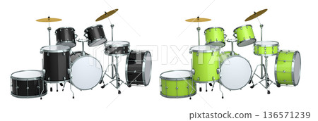 Set of realistic drums with metal cymbals or drumset on white background 136571239