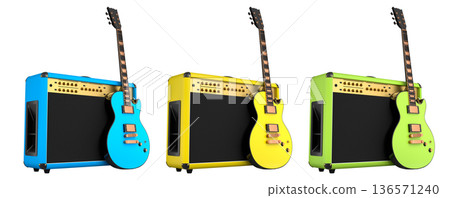 Set of amplifier with acoustic guitar isolated on white background. 136571240