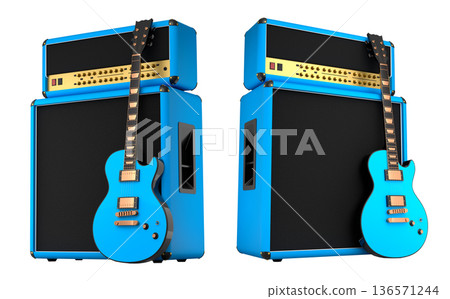 Set of amplifier with acoustic guitar isolated on white background. 136571244