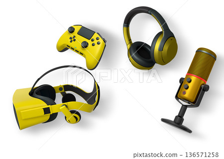 Gaming accessories like headphones, VR headset, mic, mouse, and controller isolated on white background with clipping path Gaming accessories like headphones, VR headset, mic, mouse, and controller isolated on white background with clipping path 136571258