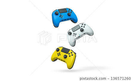 Wireless gaming controllers flying in air isolated on white background, symbolizing gaming technology concept 136571260