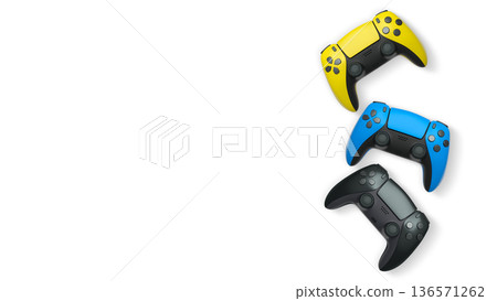 Wireless gaming controllers flying in air isolated on white background, symbolizing gaming technology concept 136571262