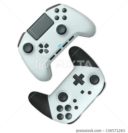Wireless gaming controllers flying in air isolated on white background, symbolizing gaming technology concept 136571263