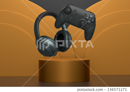 Wireless gaming controller and headphones displayed over podium on abstract background, concept of modern gaming technology 136571271