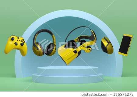 Collection of gaming gadgets like controllers, VR glasses, phone and headphones over podium on abstract pastel background Collection of gaming gadgets like controllers, VR glasses, phone and headphones over podium on abstract pastel background 136571272