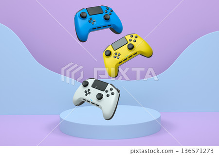 Colorful gaming controllers joystick levitating over podium against abstract background, minimalist concept device on pedestal Colorful gaming controllers joystick levitating over podium against abstract background, minimalist concept device on pedestal 136571273