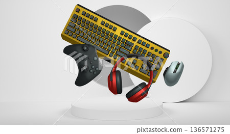Gaming keyboard, mouse, controllers, and headphones floating above podium on abstract pastel background, symbolizing games Gaming keyboard, mouse, controllers, and headphones floating above podium on abstract pastel background, symbolizing games 136571275