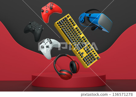 Gaming accessories including keyboard, headset, mouse, controller, and VR headset, shown above podium on abstract background 136571278