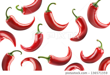 Red chili peppers arranged, isolated on white background, concept of spicy cooking ingredient 136571359