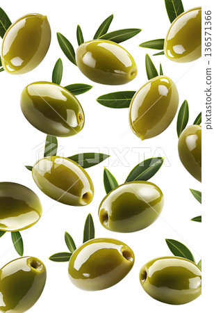 Shiny green olives with natural leaves in seamless pattern isolated on white background, freshness and Mediterranean cuisine Shiny green olives with natural leaves in seamless pattern isolated on white background, freshness and Mediterranean cuisine 136571366