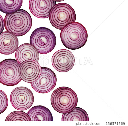 Halved red onions arranged in a seamless pattern, isolated on a white background, concept of fresh vegetable texture 136571369