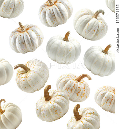 White mini pumpkins with natural stems and speckles, in a scattered layout isolated on white background. 136571385