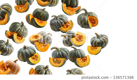 Assorted green and orange pumpkins scattered in a seamless pattern isolated on white background Assorted green and orange pumpkins scattered in a seamless pattern isolated on white background 136571386
