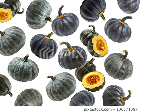 Assorted green and orange pumpkins scattered in a seamless pattern isolated on white background 136571387