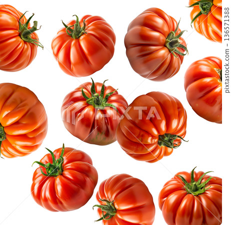 Multiple ripe heirloom tomatoes with ridged textures scattered and on a white background, natural food and healthy eating concept Multiple ripe heirloom tomatoes with ridged textures scattered and on a white background, natural food and healthy eating concept 136571388