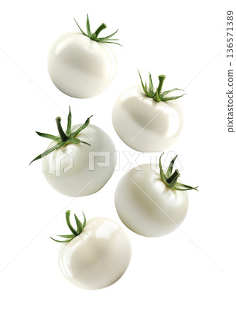 Multiple white tomatoes with green stems isolated on white background, representing freshness and uniqueness Multiple white tomatoes with green stems isolated on white background, representing freshness and uniqueness 136571389