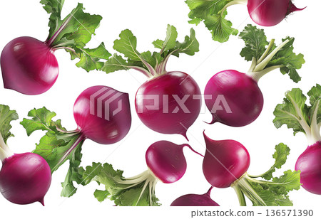 Fresh purple turnips or radish with green leaves scattered and isolated on white background, organic farming and healthy food Fresh purple turnips or radish with green leaves scattered and isolated on white background, organic farming and healthy food 136571390