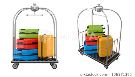 Set of Regular suitcase on hotel trolley cart for carrying baggage on white background Set of Regular suitcase on hotel trolley cart for carrying baggage on white background 136571393