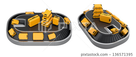 Set of Airport luggage conveyor belt or baggage claim area with suitcases on white. Set of Airport luggage conveyor belt or baggage claim area with suitcases on white. 136571395