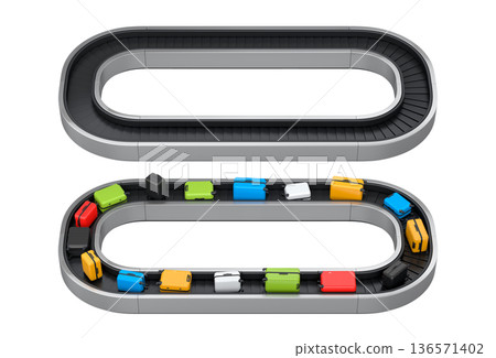 Set of Airport luggage conveyor belt or baggage claim area with suitcases on white. Set of Airport luggage conveyor belt or baggage claim area with suitcases on white. 136571402