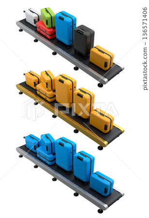 Set of Airport luggage conveyor belt or manufacture line with baggage on white. 136571406