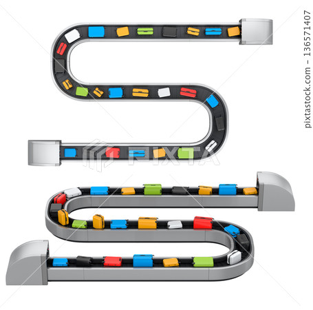 Set of Airport luggage conveyor belt or baggage claim area with suitcases on white. 136571407