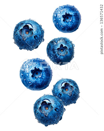Close-up of fresh blueberries covered in water droplets, isolated on white background, concept of freshness and health Close-up of fresh blueberries covered in water droplets, isolated on white background, concept of freshness and health 136571432