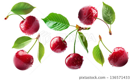 Juicy red cherries with fresh green leaves and water droplets, isolated on a white background, concept of freshness 136571433
