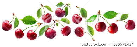Juicy red cherries with fresh green leaves and water droplets, isolated on a white background, concept of freshness Juicy red cherries with fresh green leaves and water droplets, isolated on a white background, concept of freshness 136571434