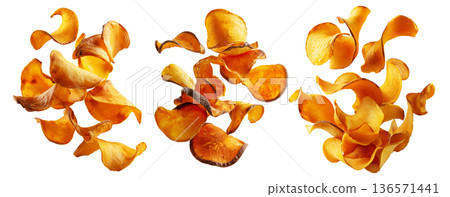 Kumara sweet potato chips isolated on white transparent background, representing healthy New Zealand snack food concept Kumara sweet potato chips isolated on white transparent background, representing healthy New Zealand snack food concept 136571441