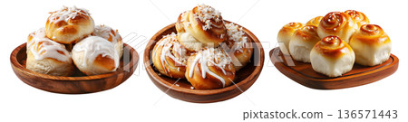 Panipopo sweet rolls baked in coconut milk with golden crust isolated on white background, concept of bakery and food freshness 136571443