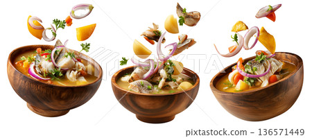 Ecuador encebollado fish seafood soup with onion, yuca, egg and herbs flying from wooden bowl, isolated on white background 136571449