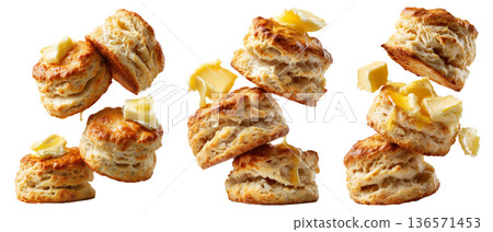 Buttermilk biscuits topped with syrup and butter, isolated on white background, concept of breakfast Buttermilk biscuits topped with syrup and butter, isolated on white background, concept of breakfast 136571453