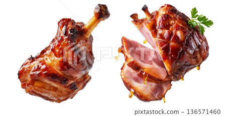 Maple Glazed roasted ham with charred edges, isolated on white transparent background, concept of tasty food Maple Glazed roasted ham with charred edges, isolated on white transparent background, concept of tasty food 136571460