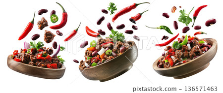 Southwest Tex-Mex Chili con carne beef chili stir-fry with or without beans isolated on white background, concept of hot cuisine Southwest Tex-Mex Chili con carne beef chili stir-fry with or without beans isolated on white background, concept of hot cuisine 136571463