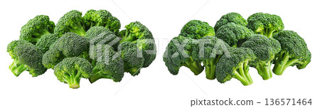 A fresh green broccoli floret with detailed texture isolated on white transparent background. A fresh green broccoli floret with detailed texture isolated on white transparent background. 136571464