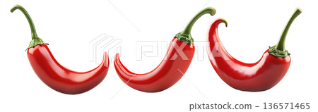 Glossy red chili pepper with a curved shape and green stem isolated on transparent background. 136571465