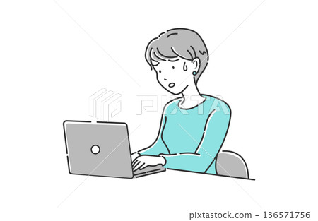 Woman working on laptop, upper body, troubled face, simple, blue, gray Woman working on laptop, upper body, troubled face, simple, blue, gray 136571756