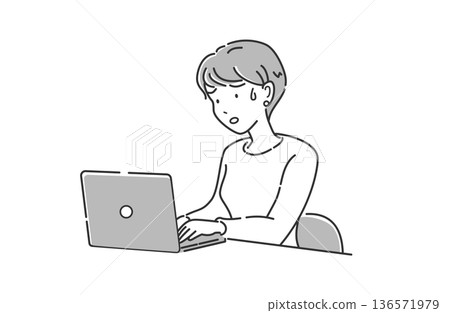 女人正在使用筆記型電腦，上半身，面露憂慮，畫面簡潔，灰色 136571979