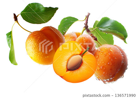 Juicy whole and halved apricots with green leaves and water droplets, on white background, concept of freshness and healthy eating 136571990