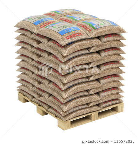 Pellet bags with abstract label isolated on the white background - 3d illustration Pellet bags with abstract label isolated on the white background - 3d illustration 136572023