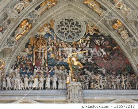 Last Judgment sculpture in Bern Cathedral, Switzerland Last Judgment sculpture in Bern Cathedral, Switzerland 136572218