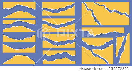 Ripped yellow paper with torn edges. Pieces of teared sheet for frame, header and template design. Textured cutout shapes for banner and collage. Rough stripes for scrapbooking. Vector illustration Ripped yellow paper with torn edges. Pieces of teared sheet for frame, header and template design. Textured cutout shapes for banner and collage. Rough stripes for scrapbooking. Vector illustration 136572251