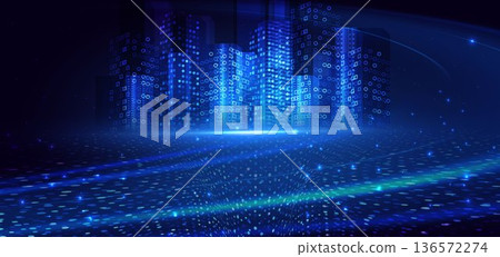 Futuristic city building on dark background with lighting effect sparkle. Futuristic city building on dark background with lighting effect sparkle. 136572274
