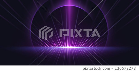 Scenc futuristic glowing neon purple rays. Hi speed motion moving concept on dark blue background. 136572278