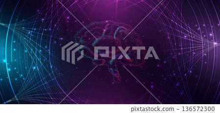Artificial intelligence brain particle blue and pink science system on dark background. 136572300