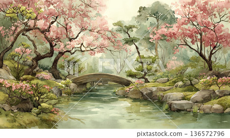 日式庭園中櫻花盛開，池塘上架著一座橋的插圖 136572796
