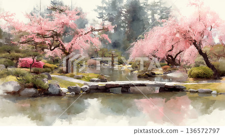 日式庭園中櫻花盛開，池塘上架著一座橋的插圖 136572797
